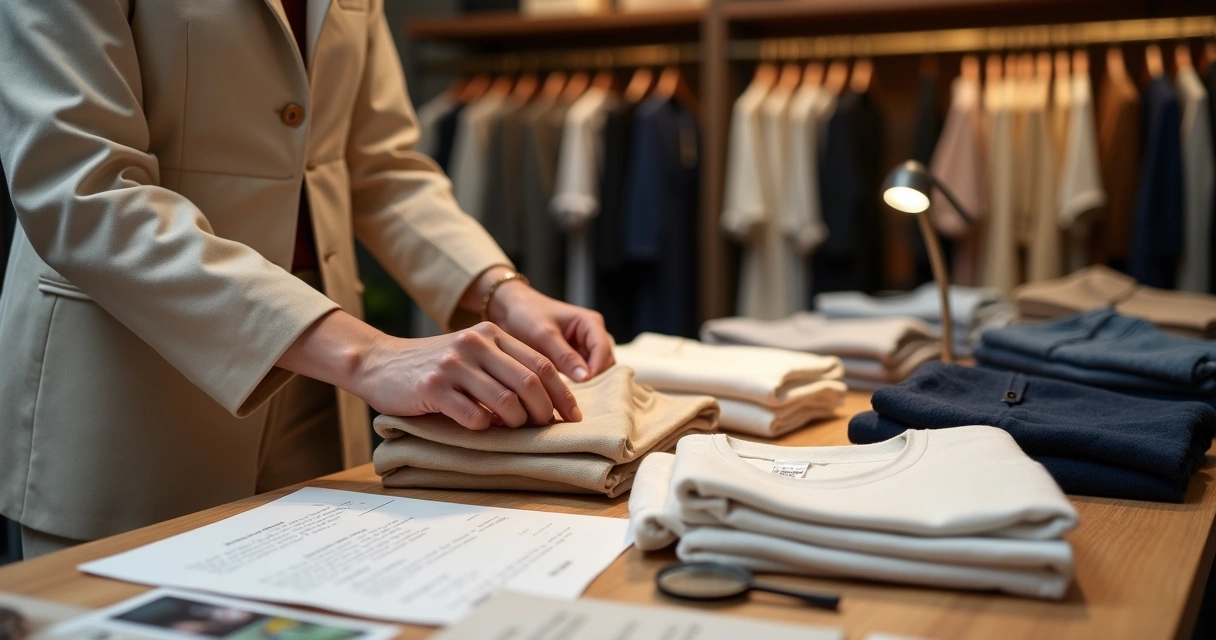 Detalhes de roupas sendo inspecionadas cuidadosamente para qualidade em brechó premium 