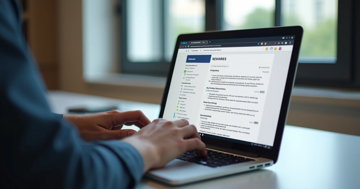 Profissional revendo currículo em notebook com marcas de destaque na tela