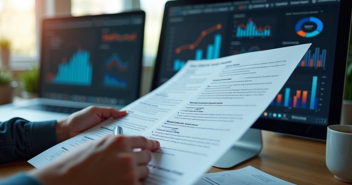 Pessoa segurando currículo sendo analisado por computador com gráficos e palavras-chave 
