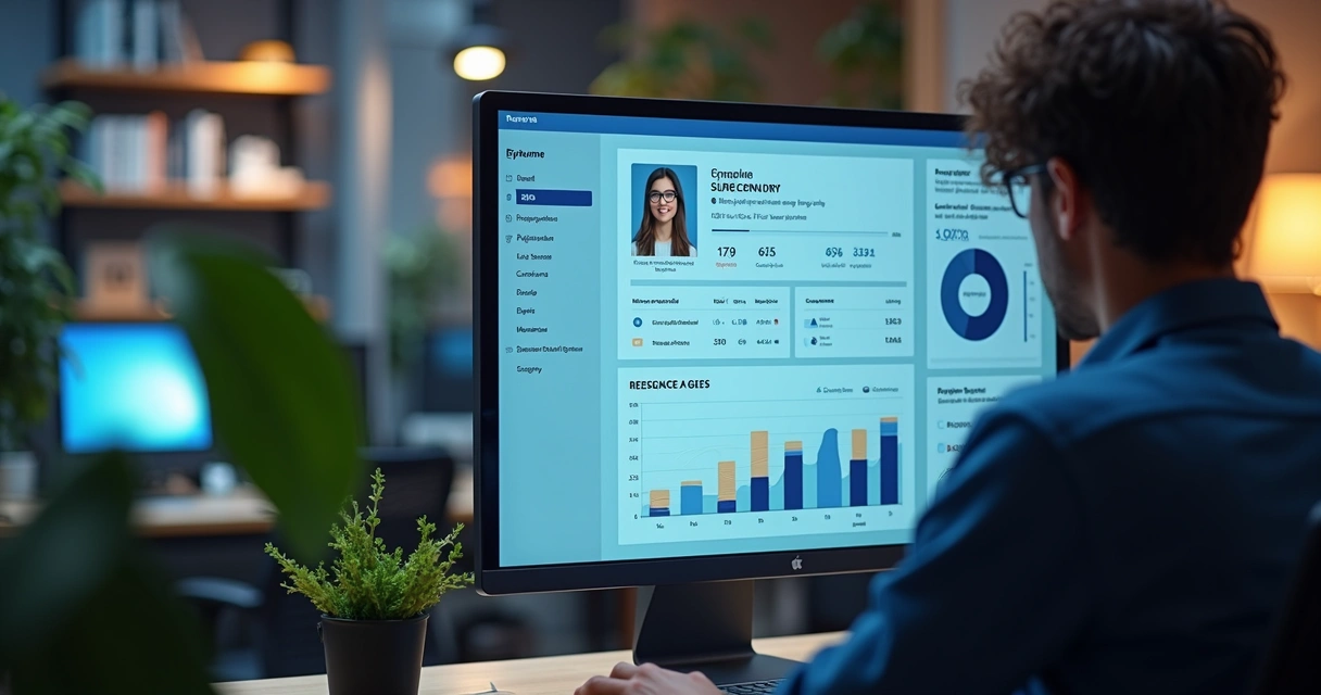 Pessoa analisando currículo em computador com gráficos de ATS na tela 