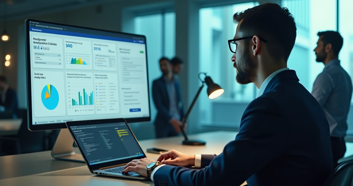 Pessoa analisando currículo na tela de laptop com gráficos ao fundo 