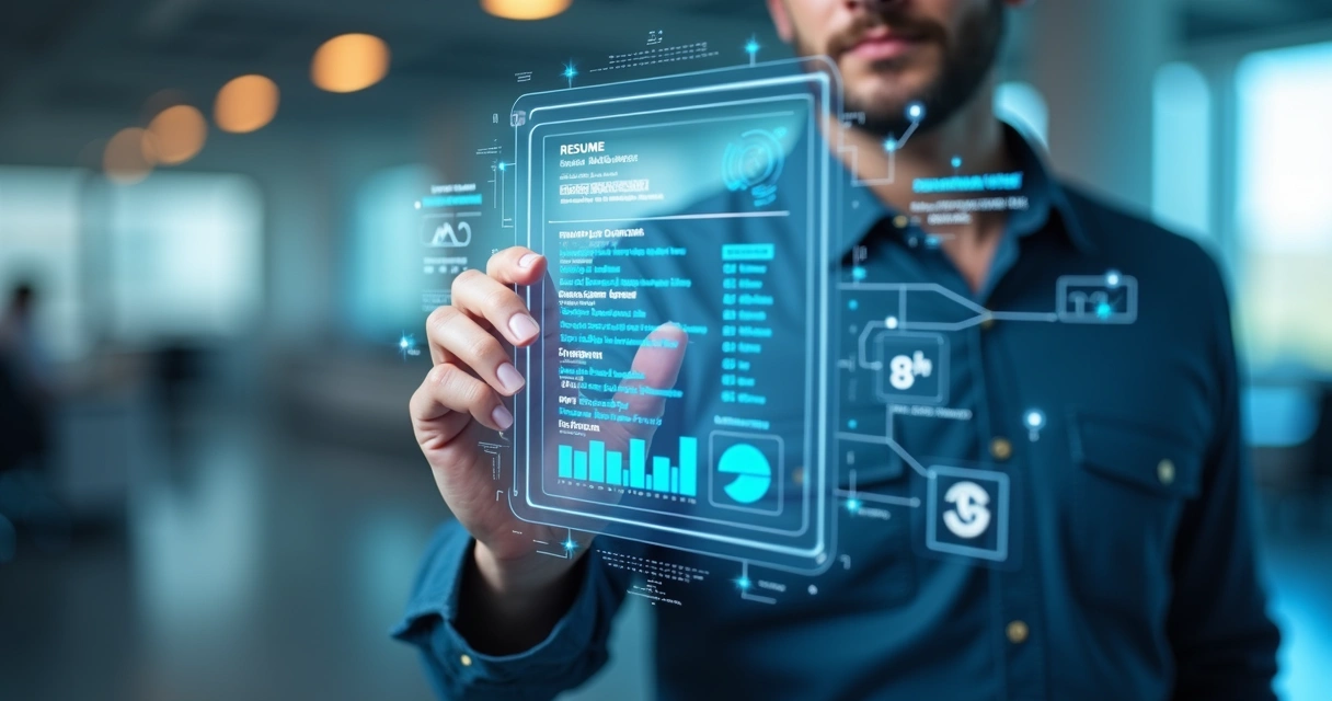 Pessoa analisando currículo digital em tela com gráficos de inteligência artificial 