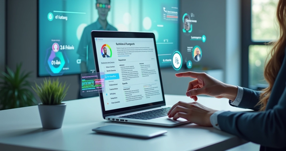 Profissional analisando currículo em tela com gráficos de IA ao fundo 