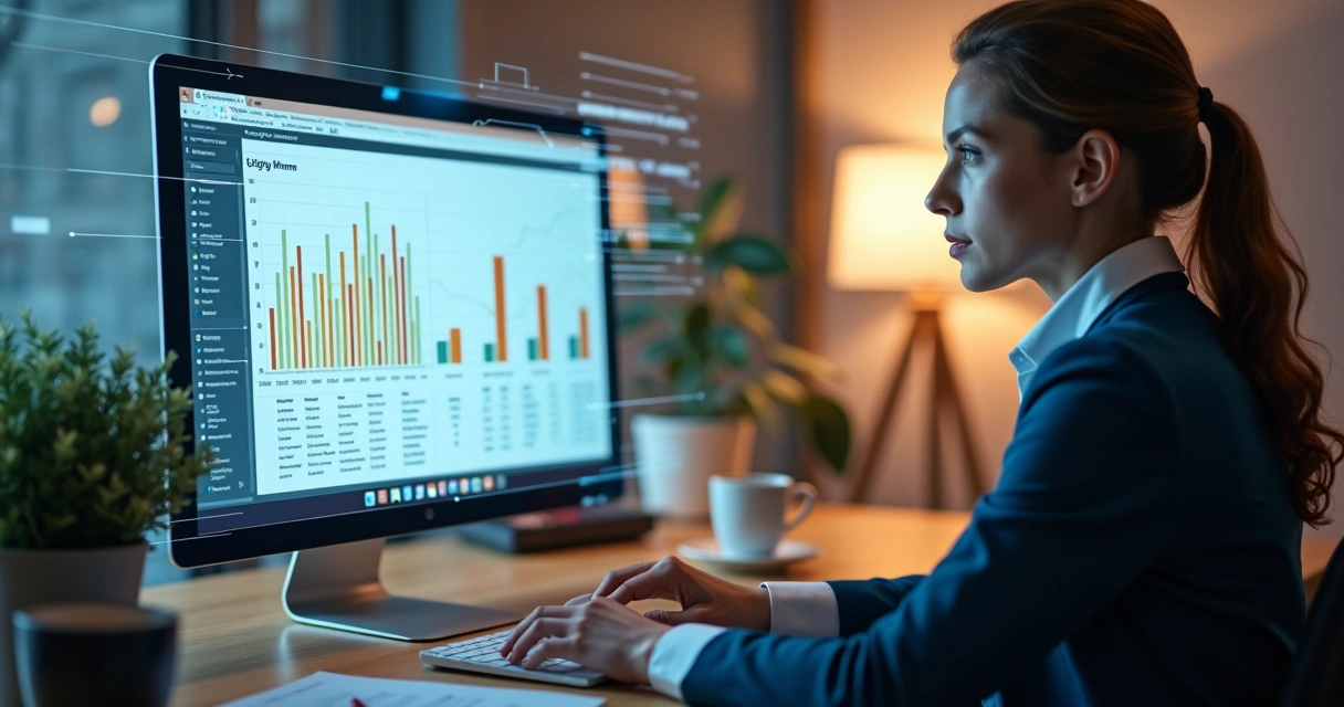 Profissional analisando currículo ao lado de gráficos e computador 