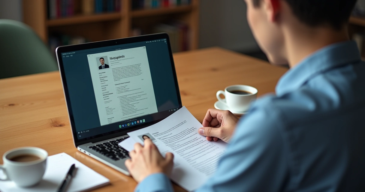 Pessoa analisando currículo com vaga aberta em segundo plano 