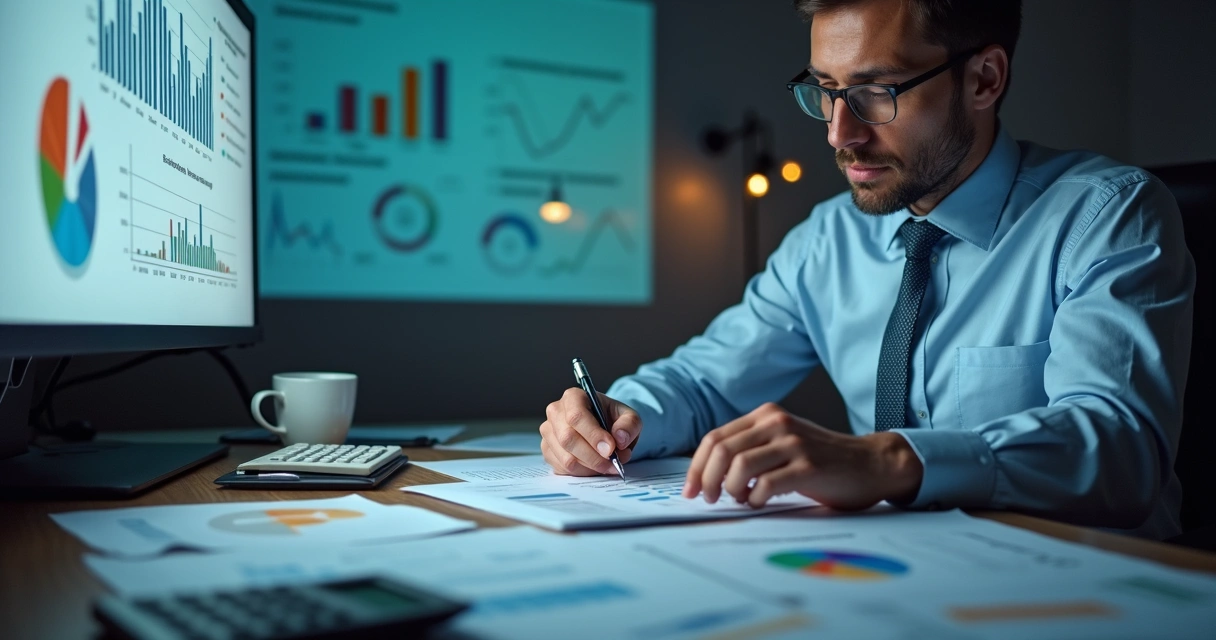 Empresário analisando planilhas de custos na mesa com gráficos coloridos 