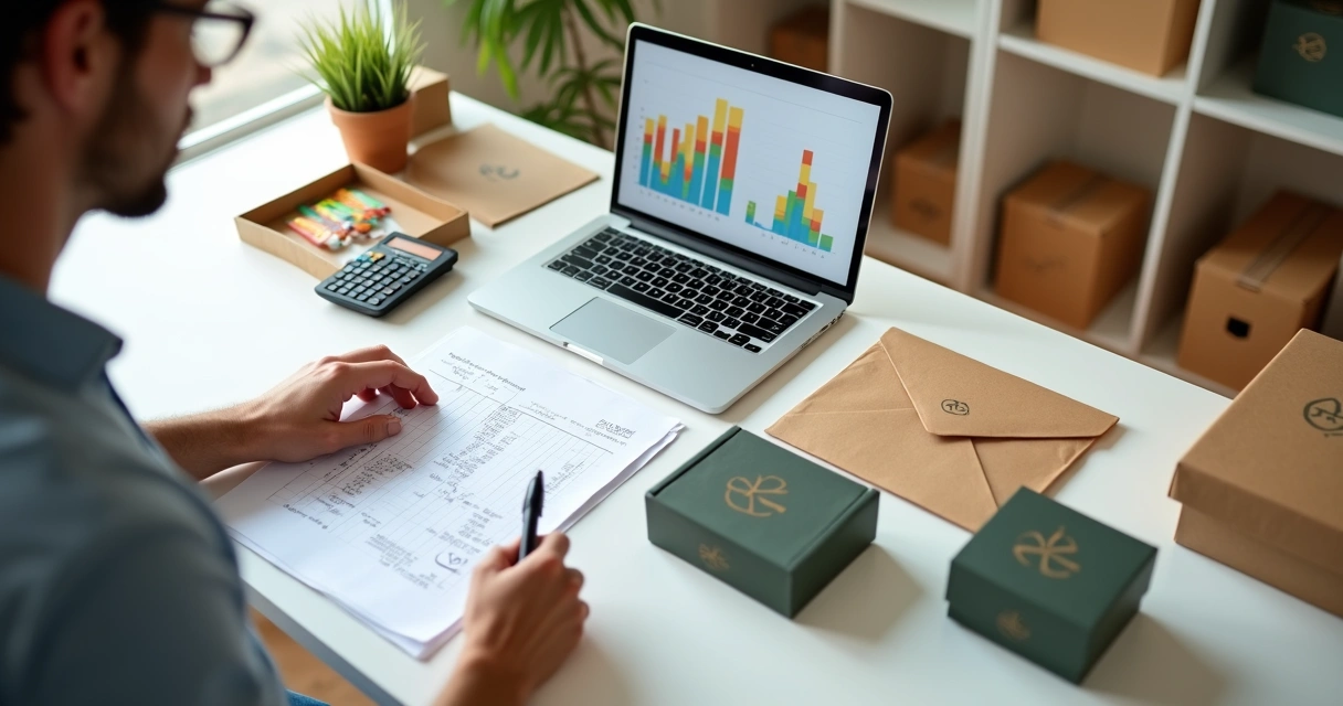 Empreendedora analisando tabelas de custo e caixas de embalagem personalizadas sobre a mesa 