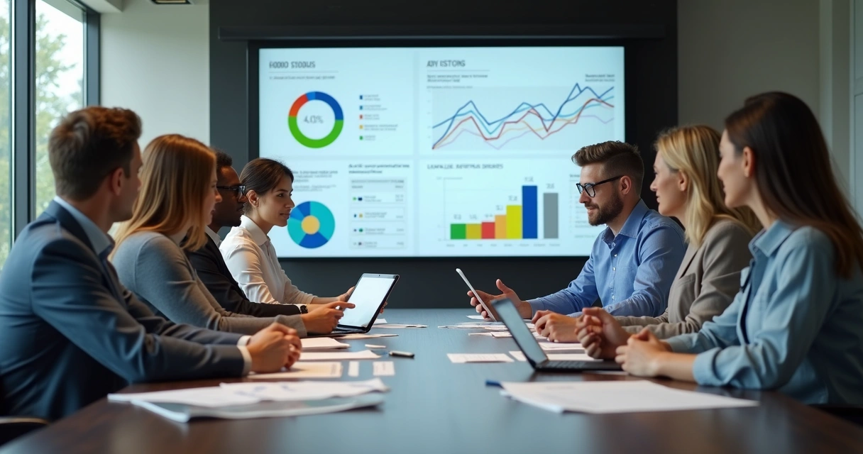 Equipe de vendas em reunião analisando gráficos de custos e vendas 