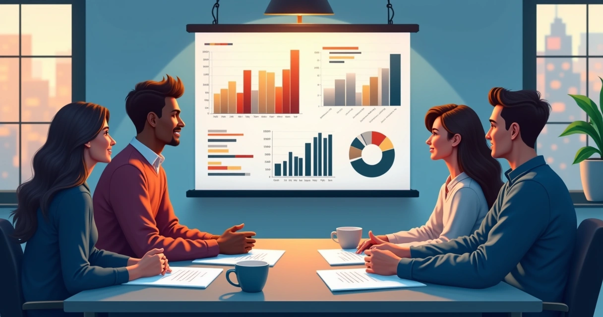 Equipe analisando custos de dashboards em sala de reunião. 