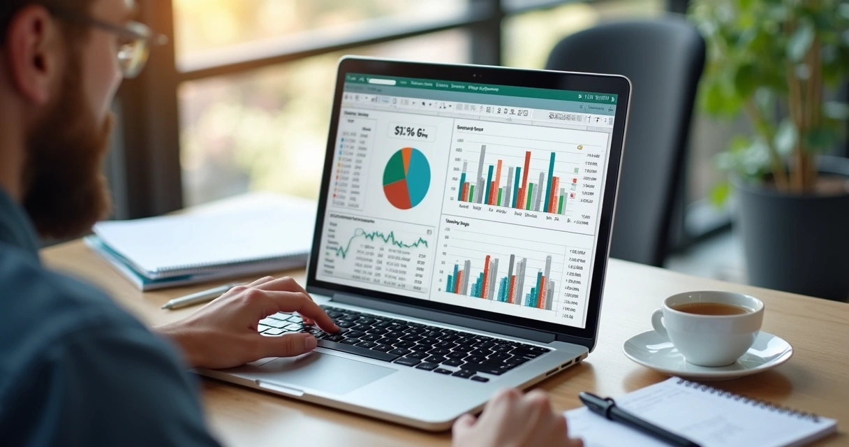 Pessoa analisando planilha financeira com gráficos e cálculos em laptop moderno sobre mesa de escritório organizada 