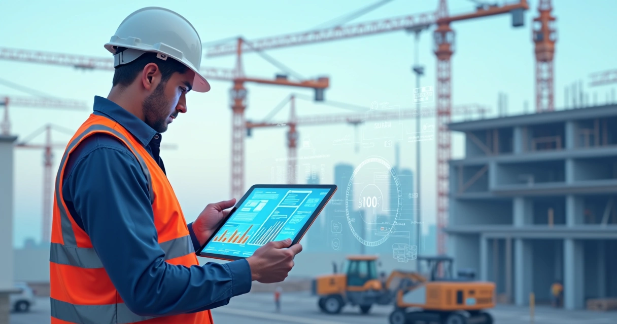 Engenheiro com tablet analisando previsões de custos em obra 