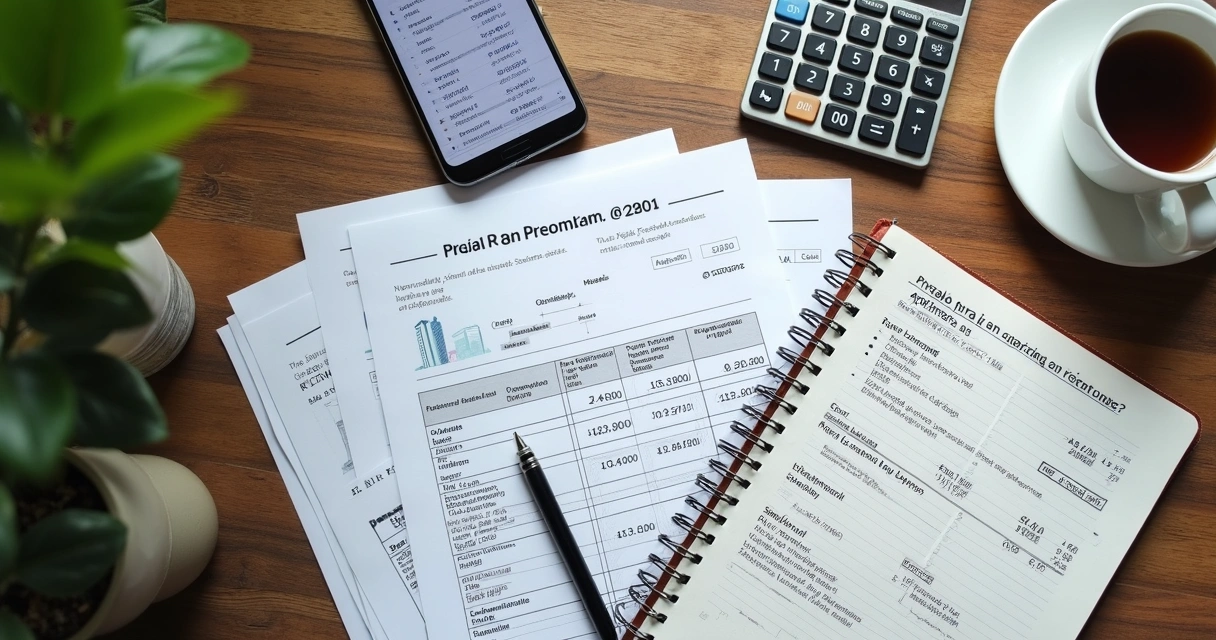 Planilhas e calculadora sobre mesa com documentos de imóvel