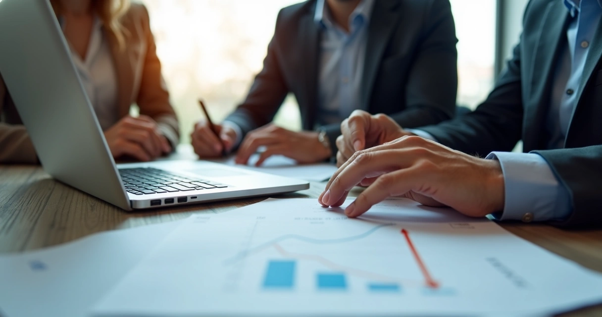 Executivos analisando relatório de redução de custos com tabelas e gráficos em tela 