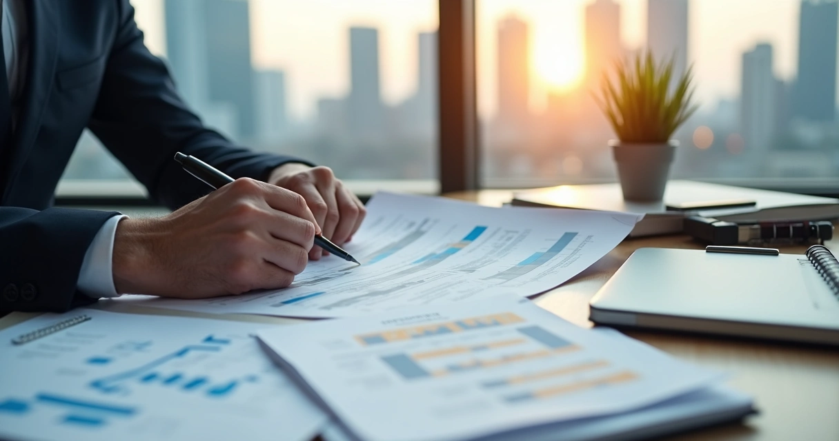 Homem analisando planilha de custos com editais de licitação ao lado 