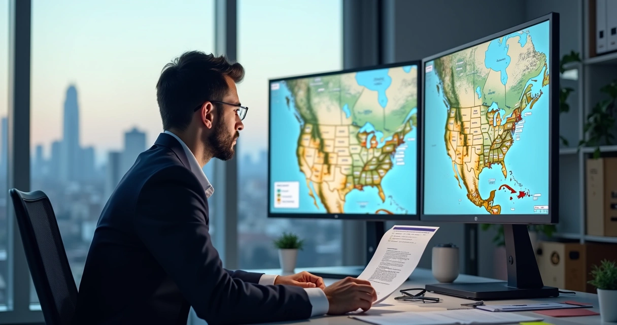 Gestor verificando rotas logísticas em tela de computador 