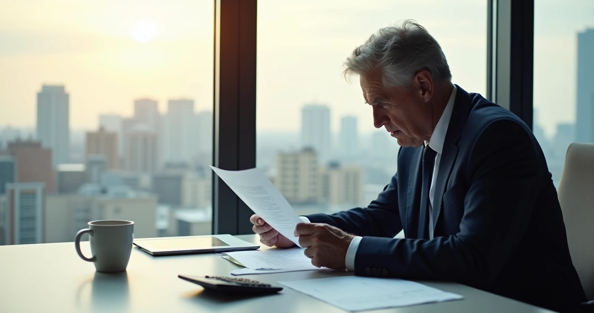 Empresário analisando contrato de antecipação de recebíveis. 