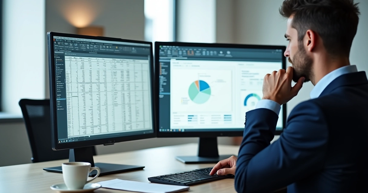 Profissional comparando custos entre planilhas e ferramentas digitais em duas telas 