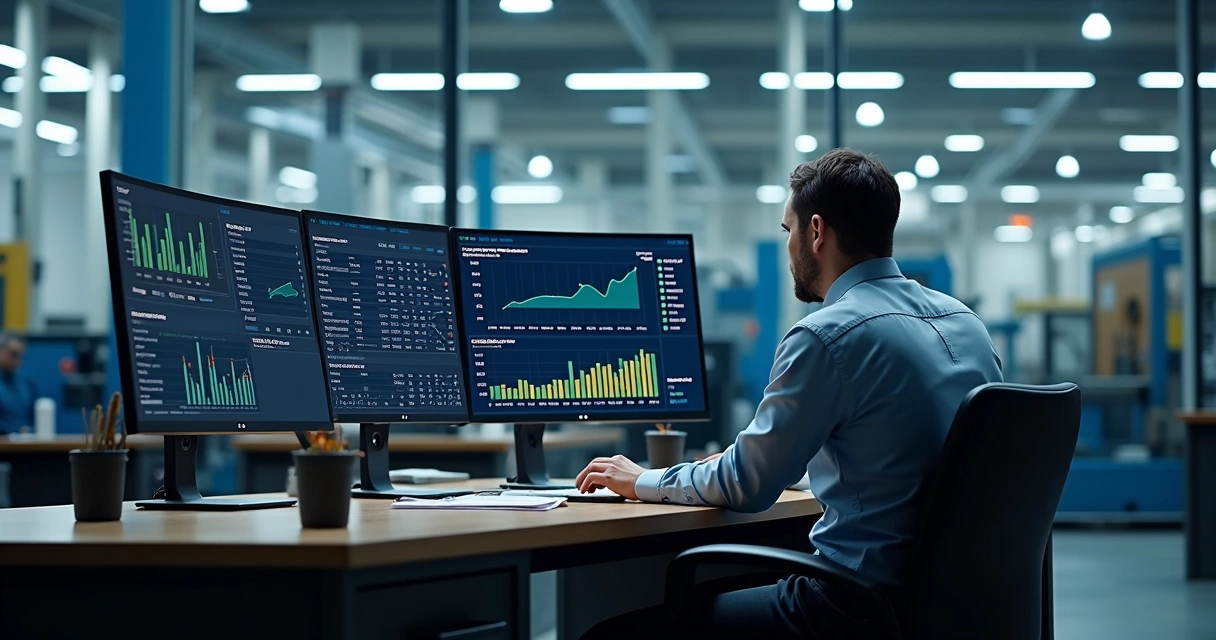 Gestor analisando custos de produção em dashboard industrial 