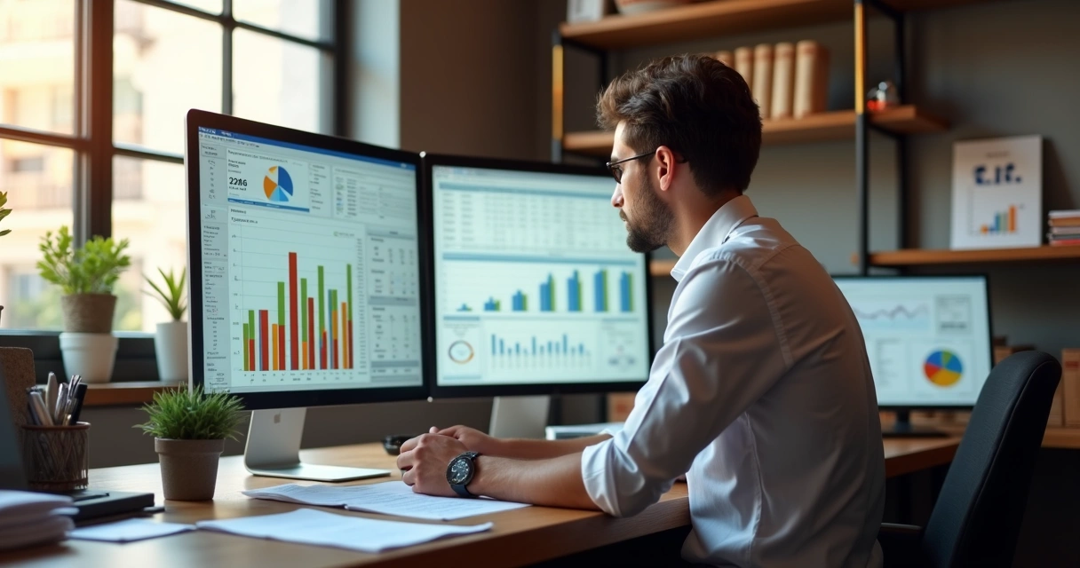 Gerente de restaurante analisando gráficos de custo e vendas em tela de computador em escritório. 