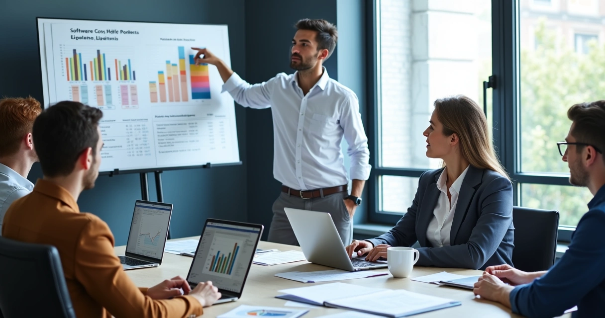 Executivos analisando gráficos coloridos de custos em uma mesa de reunião 
