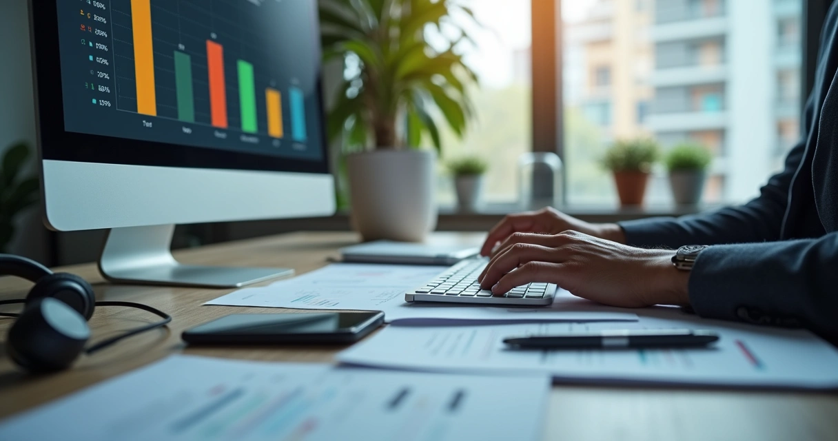 Tela de computador com gráficos de redução de custos, mãos no teclado analisando relatórios 