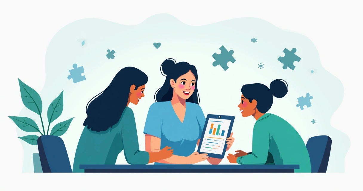 Terapeuta analisando gráficos ABA em tablet com família ao redor 