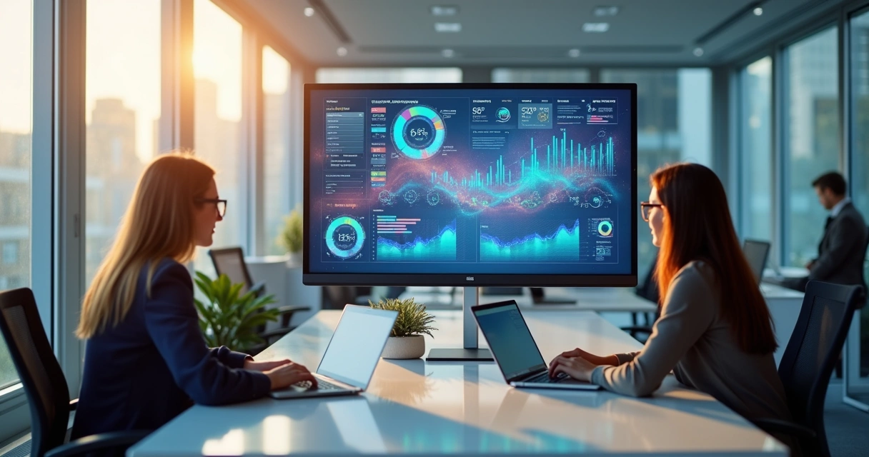 Profissionais analisando gráficos de churn em ambiente corporativo moderno 