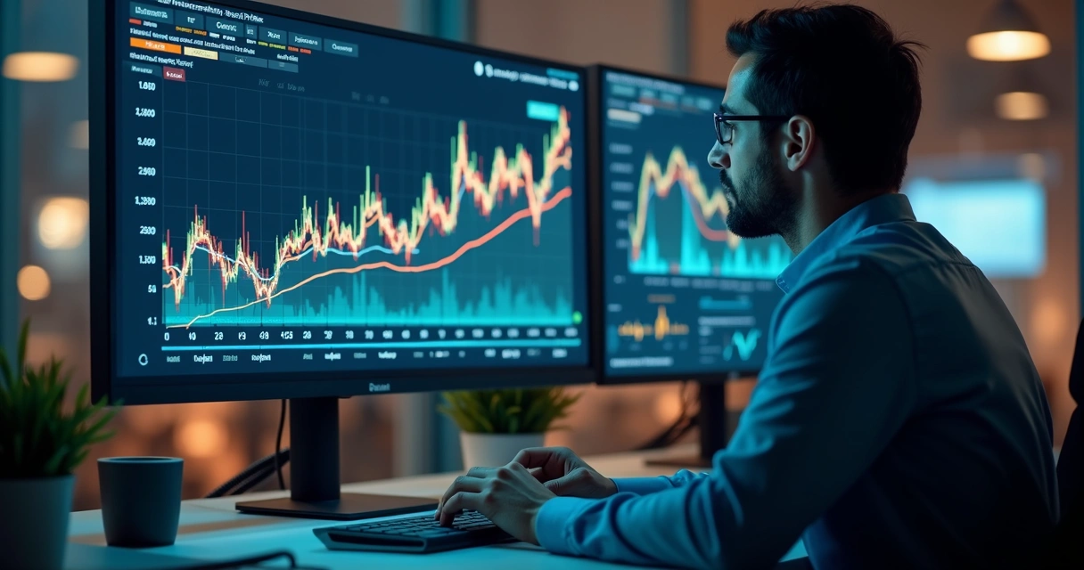 Gráfico digital, analista olhando tela de computador com dados de transações em destaque 