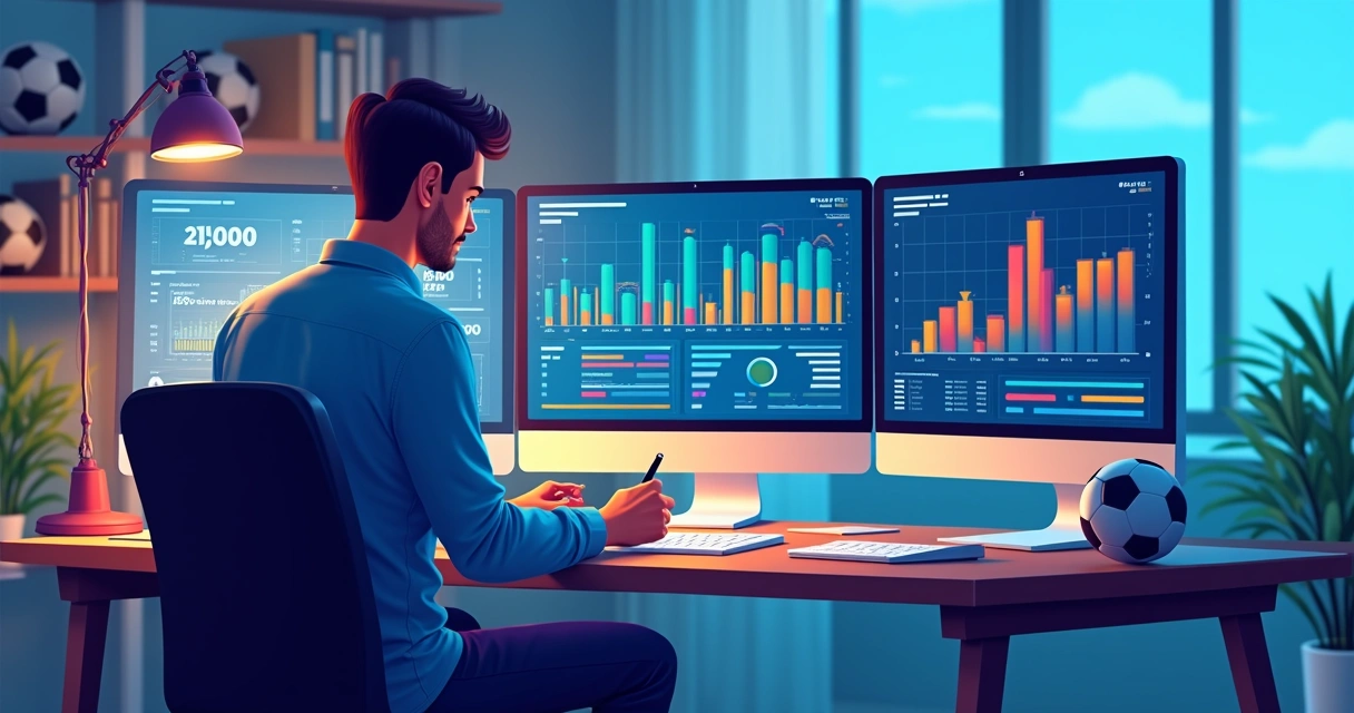 Pessoa analisando gráficos esportivos em vários monitores 