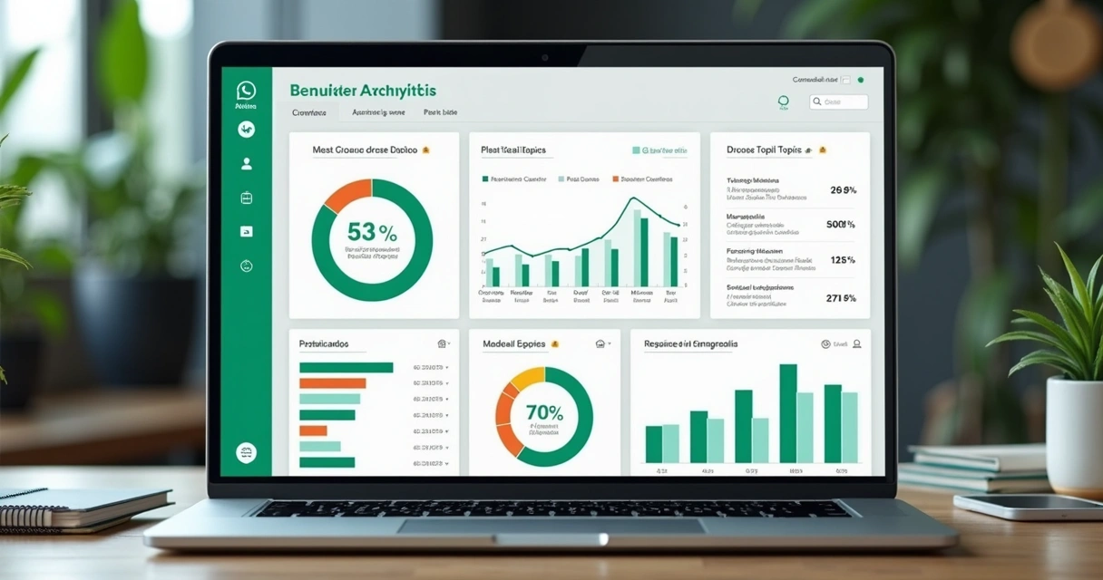 Painel de análise de dados de atendimento no WhatsApp, gráficos coloridos e métricas em destaque na tela 