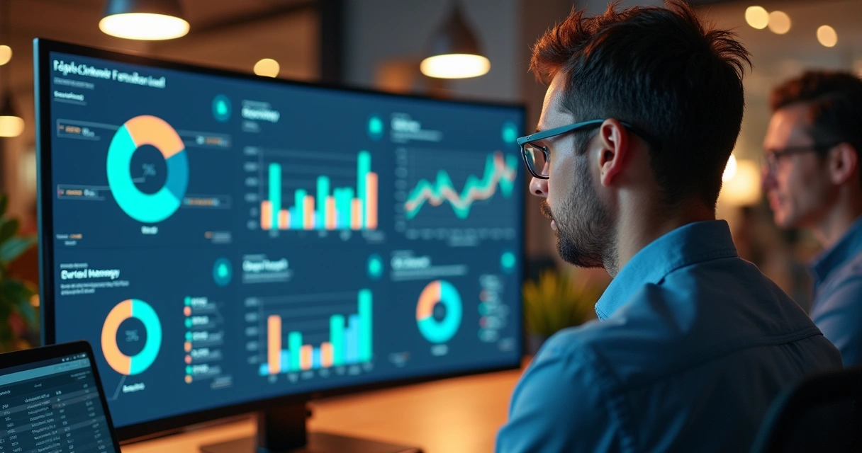 Analista de dados examinando gráficos em painel digital 