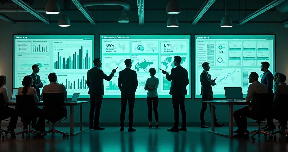 Equipe analisando dados de atendimento em telas grandes com gráficos no escritório. 