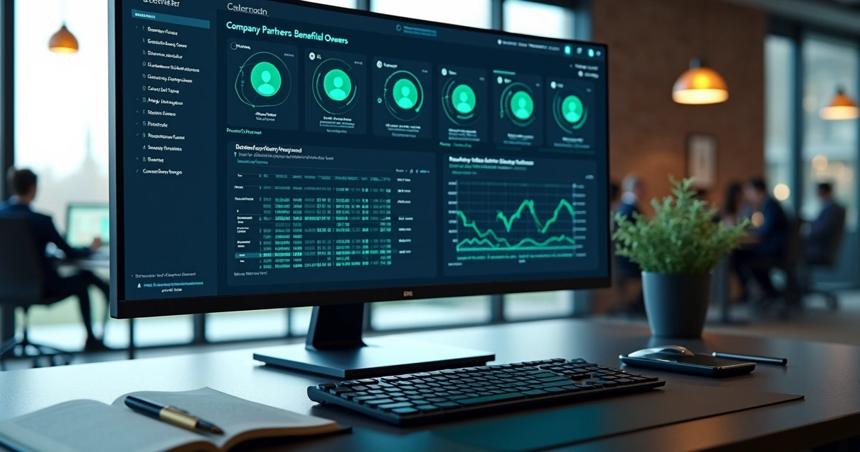 Mesa de trabalho com tela de computador mostrando gráficos e perfis de sócios analisados automaticamente 
