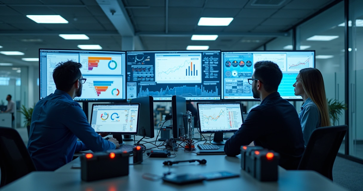 Equipe analisando dados de vendas de autopeças em telas digitais 