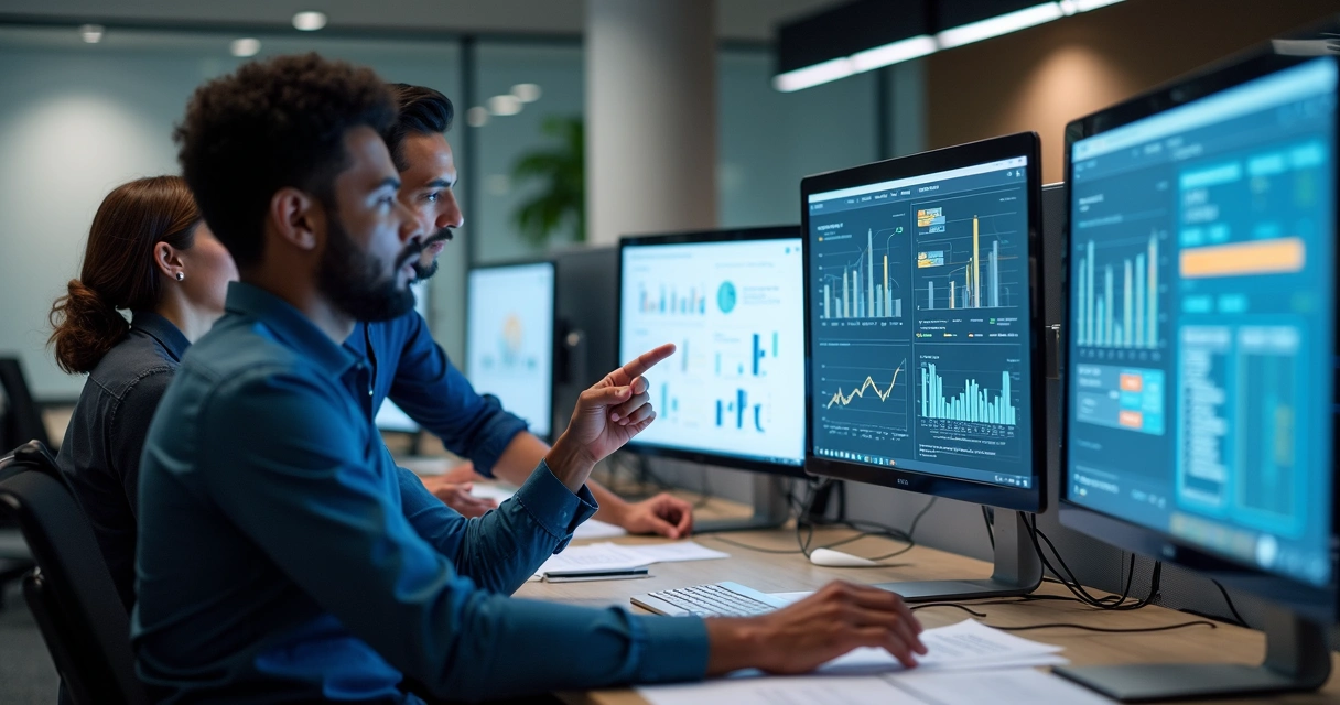 Equipe analisa dados de empresas em telas de computador em escritório. 