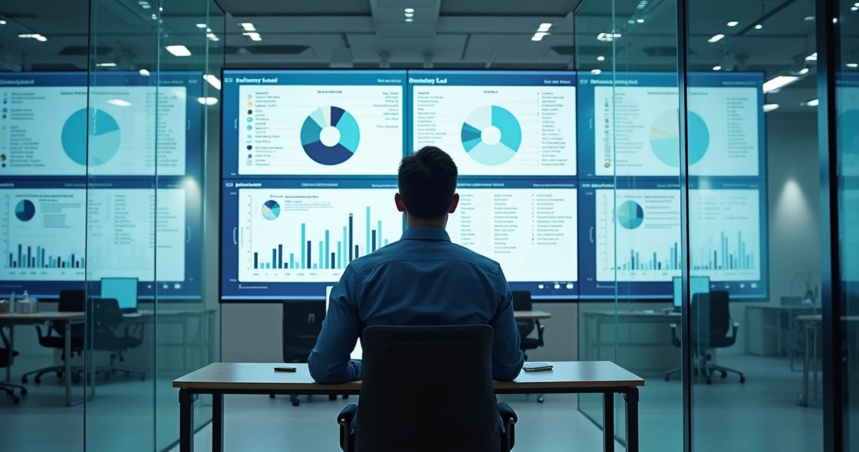 Profissional analisando gráficos digitais de leads em tela grande no escritório 