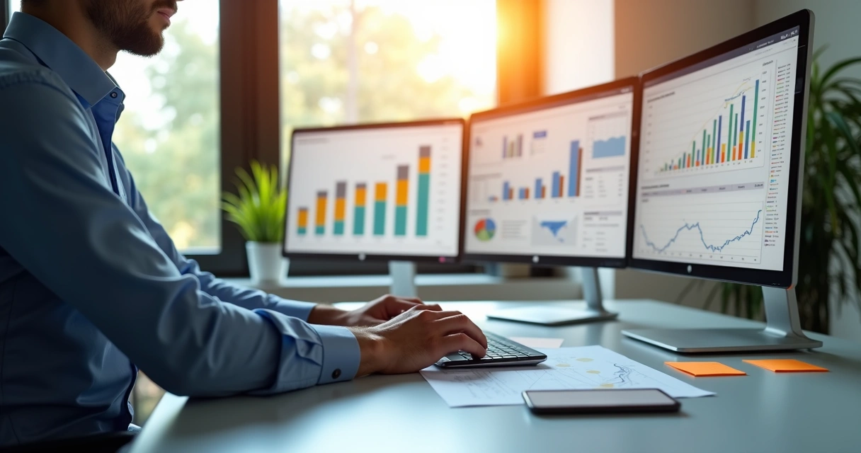 Analista olhando gráficos de marketing no notebook