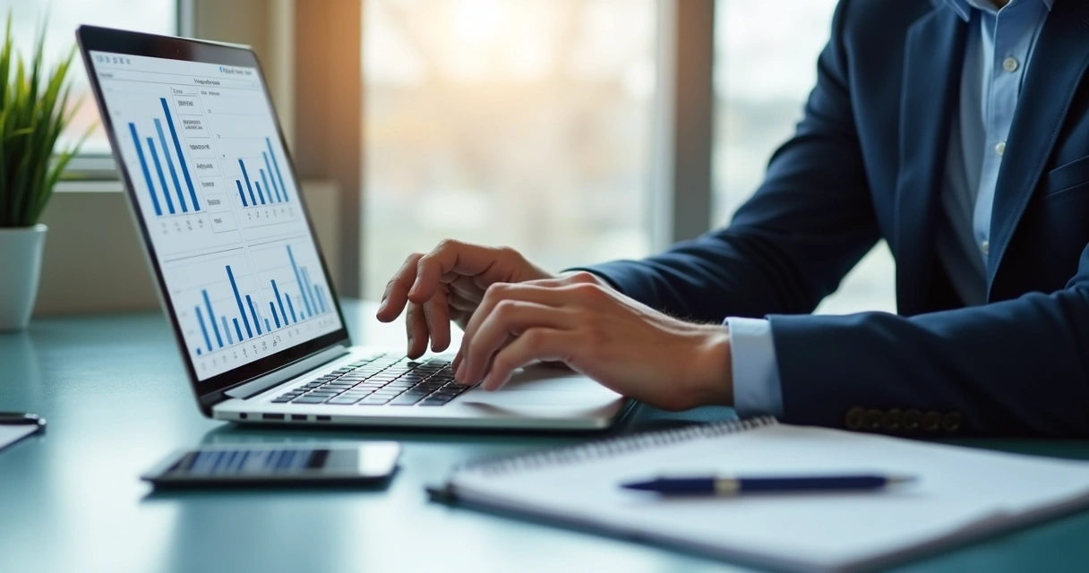 Profissional analisando gráficos de desempenho B2B em notebook 