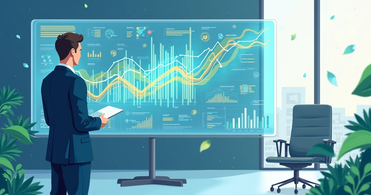 Ilustração corporativa de análise de dados com gráficos e algoritmos em tela digital 