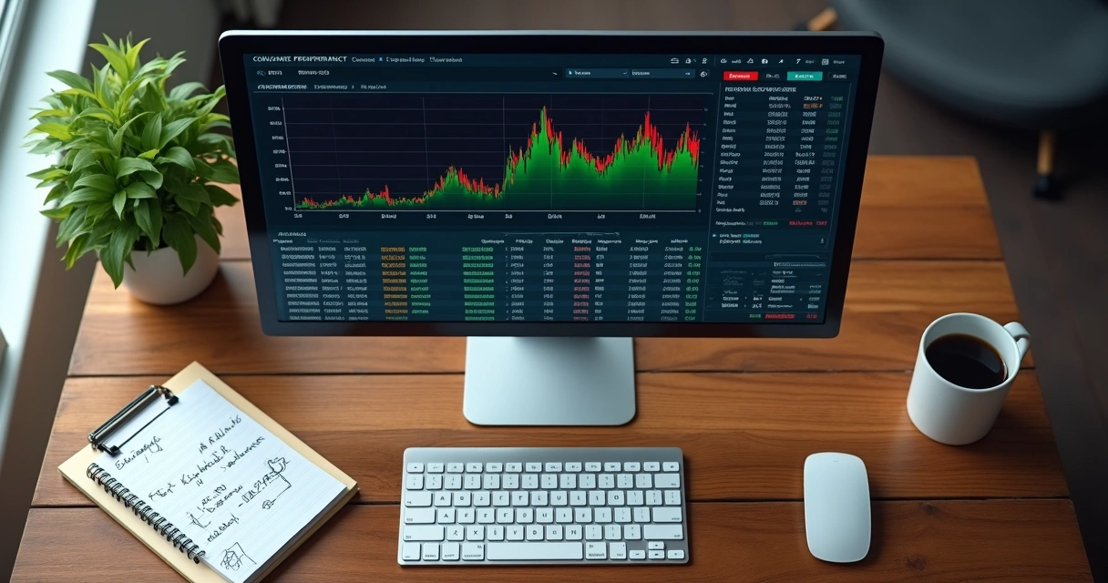 Gráficos e tabelas de desempenho de bots de trade em tela de computador 
