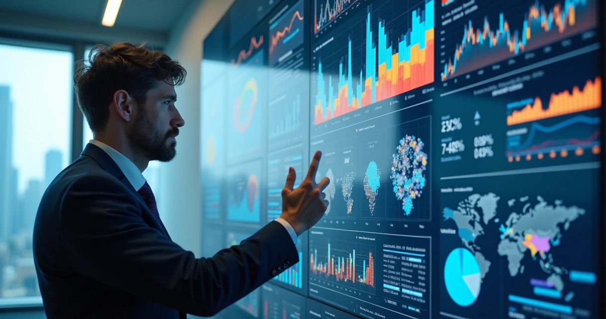 Profissional analisando dashboard financeiro na tela com gráficos coloridos 