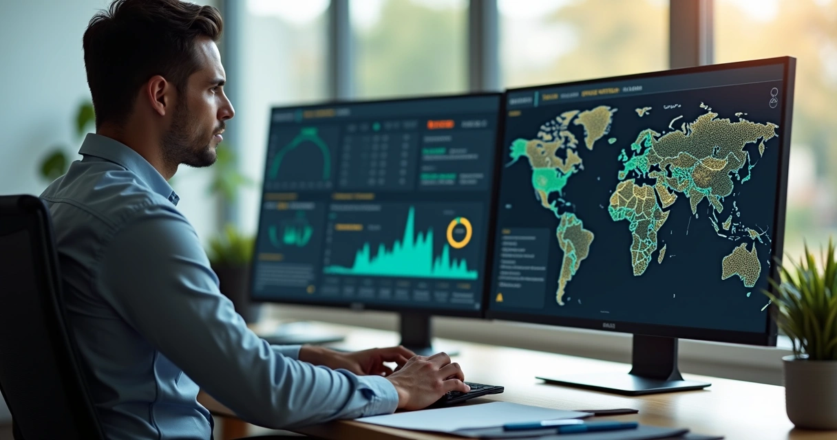 Homem analisando dados cadastrais em dois computadores