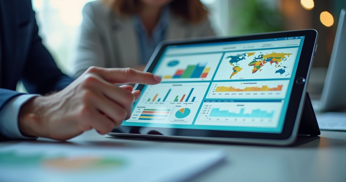 Profissionais analisando dados cadastrais de empresas em relatórios digitais. 