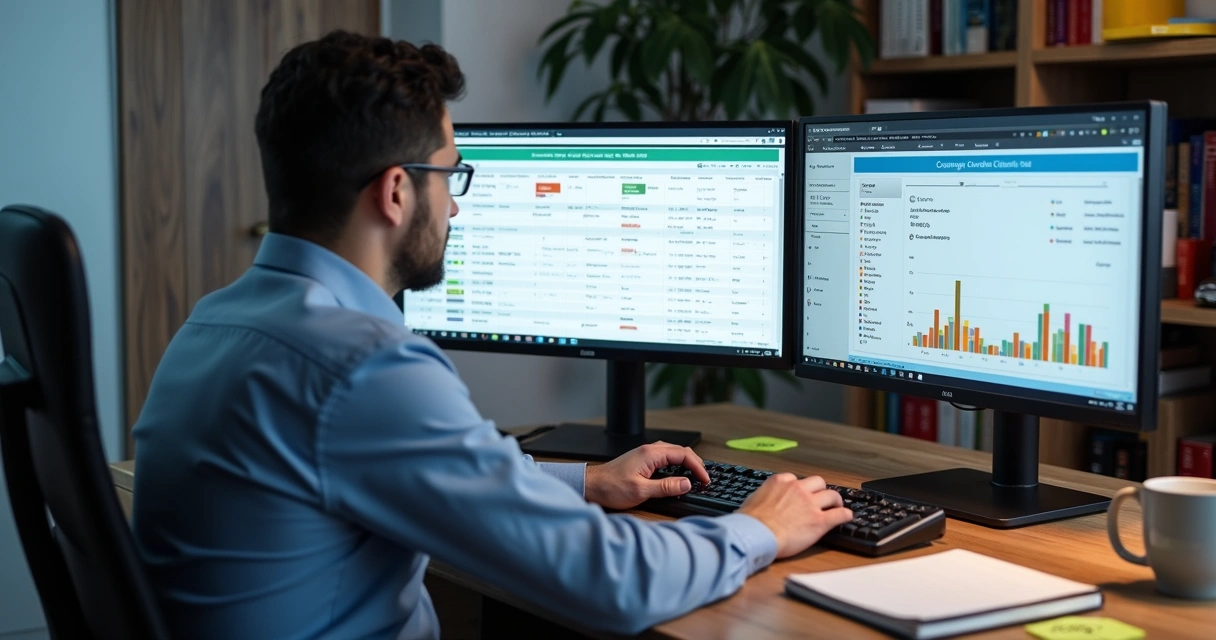 Prospecção B2B na prática: checklist essencial para times comerciais 4 Profissional analisando dados cadastrais em múltiplas telas