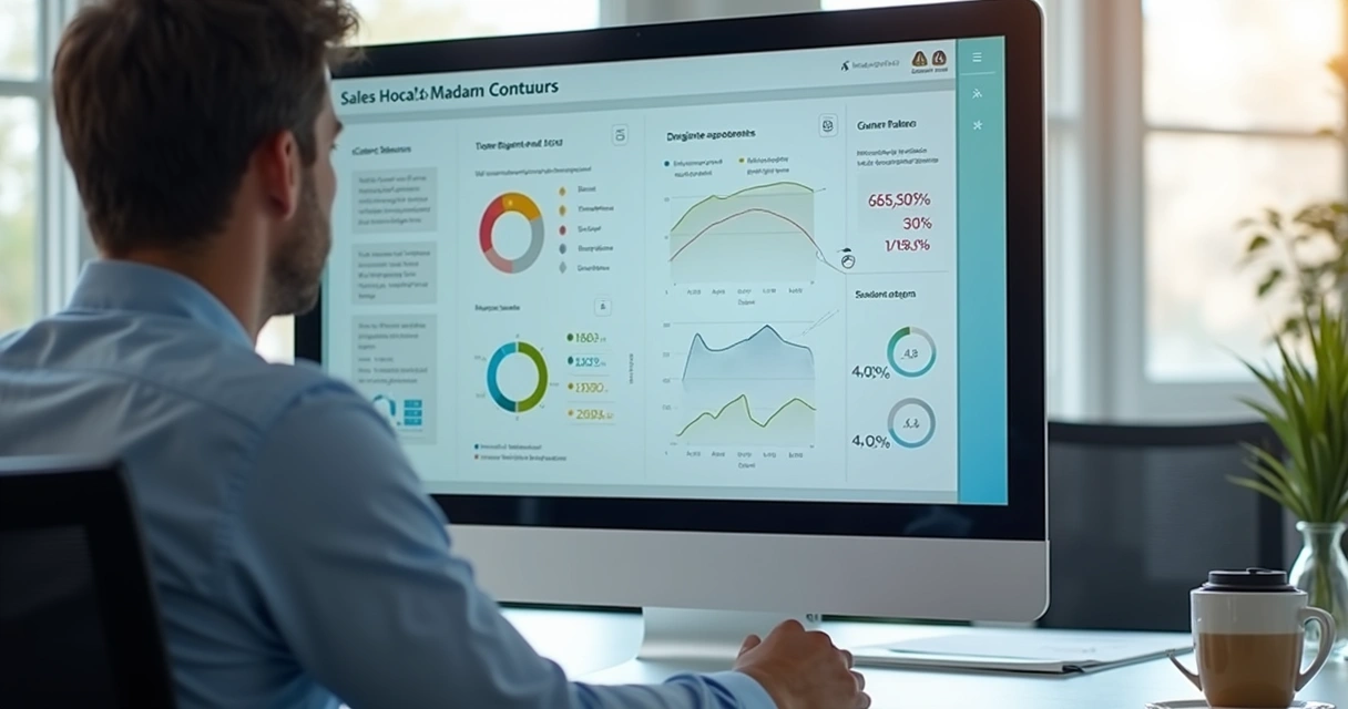 Profissional de vendas analisando um dashboard digital de cadências de vendas em um escritório moderno