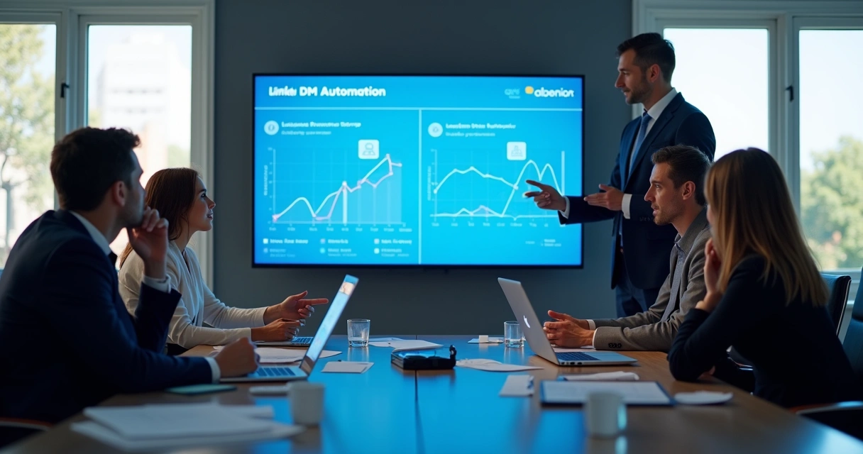 Equipe analisando dados de automação de mensagens LinkedIn. 