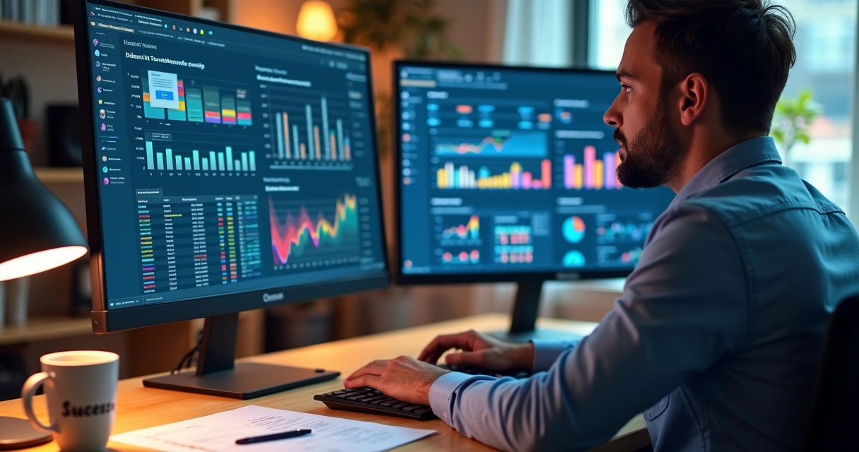 Profissional analisando dados de campanhas digitais em dashboard 