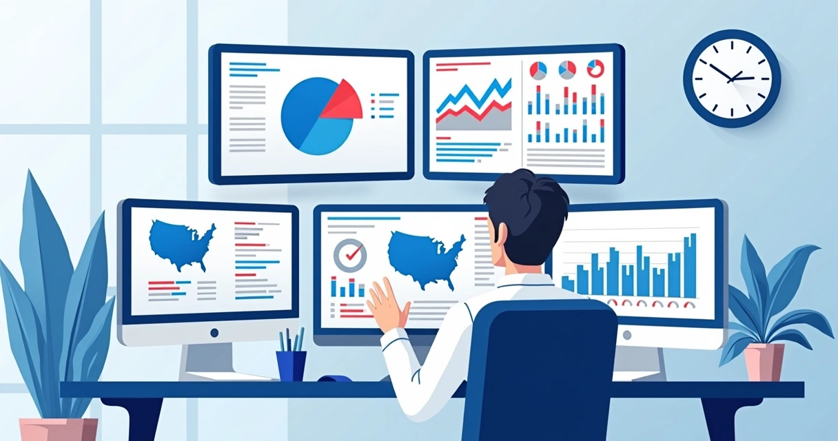 Profissional analisando gráficos eleitorais em computadores e telas
