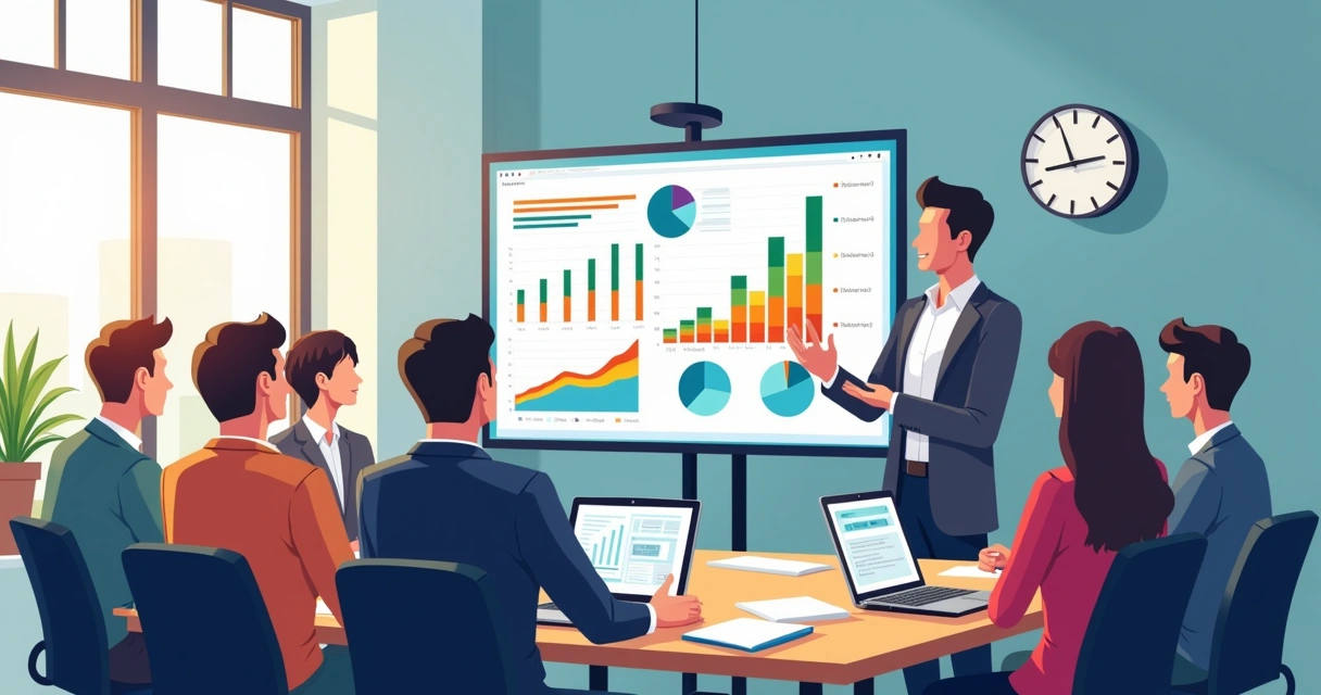 Equipe analisando dados de campanha eleitoral em tela grande