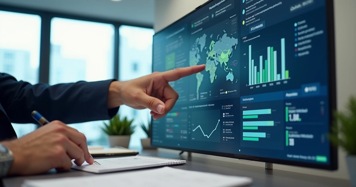 Painel com gráficos eleitorais sendo analisado por equipe de campanha 